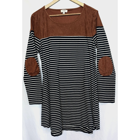 Umgee Nautical Preppy Striped Mini Dress Size L Elbow Patch Western Coastal - Picture 1 of 9